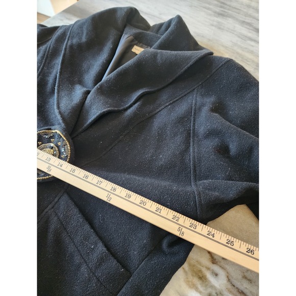 Vintage 80s Black 100% Wool Batwing Sleeve Coat Cape Beaded Button Medium - Picture 9 of 10